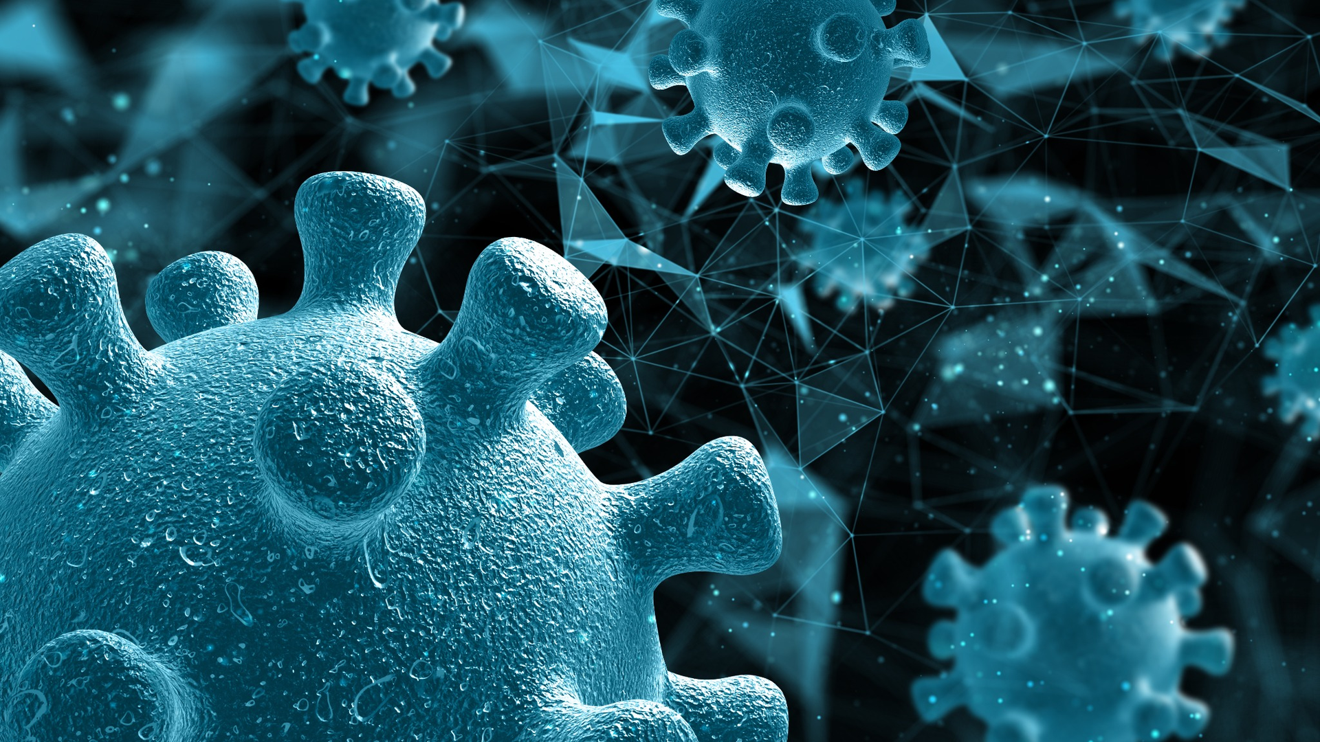 Sfondo medico astratto panoramico con cellule virali blu e rete digitale su sfondo scientifico moderno